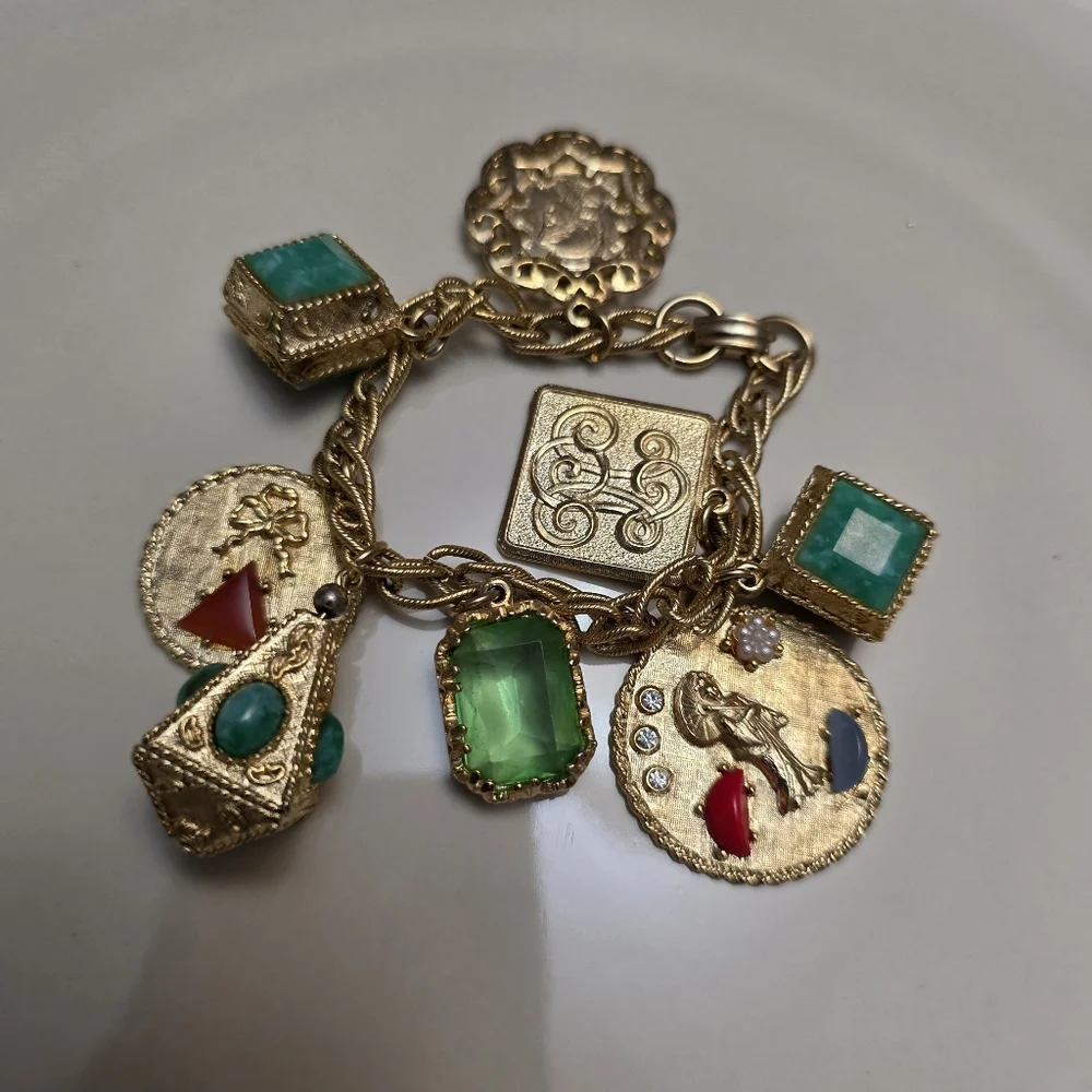 Vintage Gold-Tone Charm Bracelet with Green and Multicolor Gem Accents - Picture 4 of 14